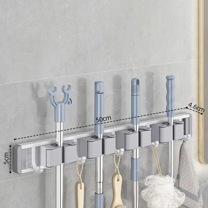 Wall Mounted Mop & Broom Organizer with Hooks – Heavy-Duty Aluminum Holder