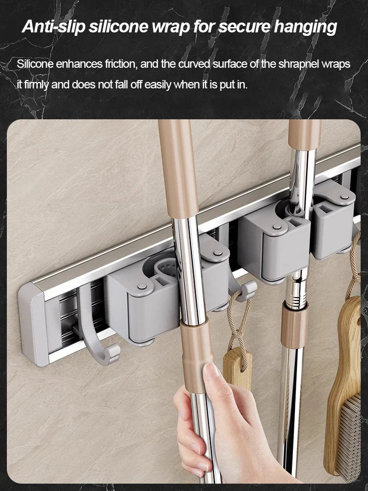 Wall Mounted Mop & Broom Organizer with Hooks – Heavy-Duty Aluminum Holder
