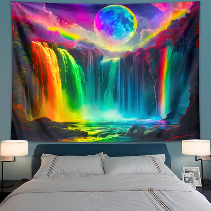 UV Waterfall & Moon Night Sky Tapestry – Glow Wall Decor
