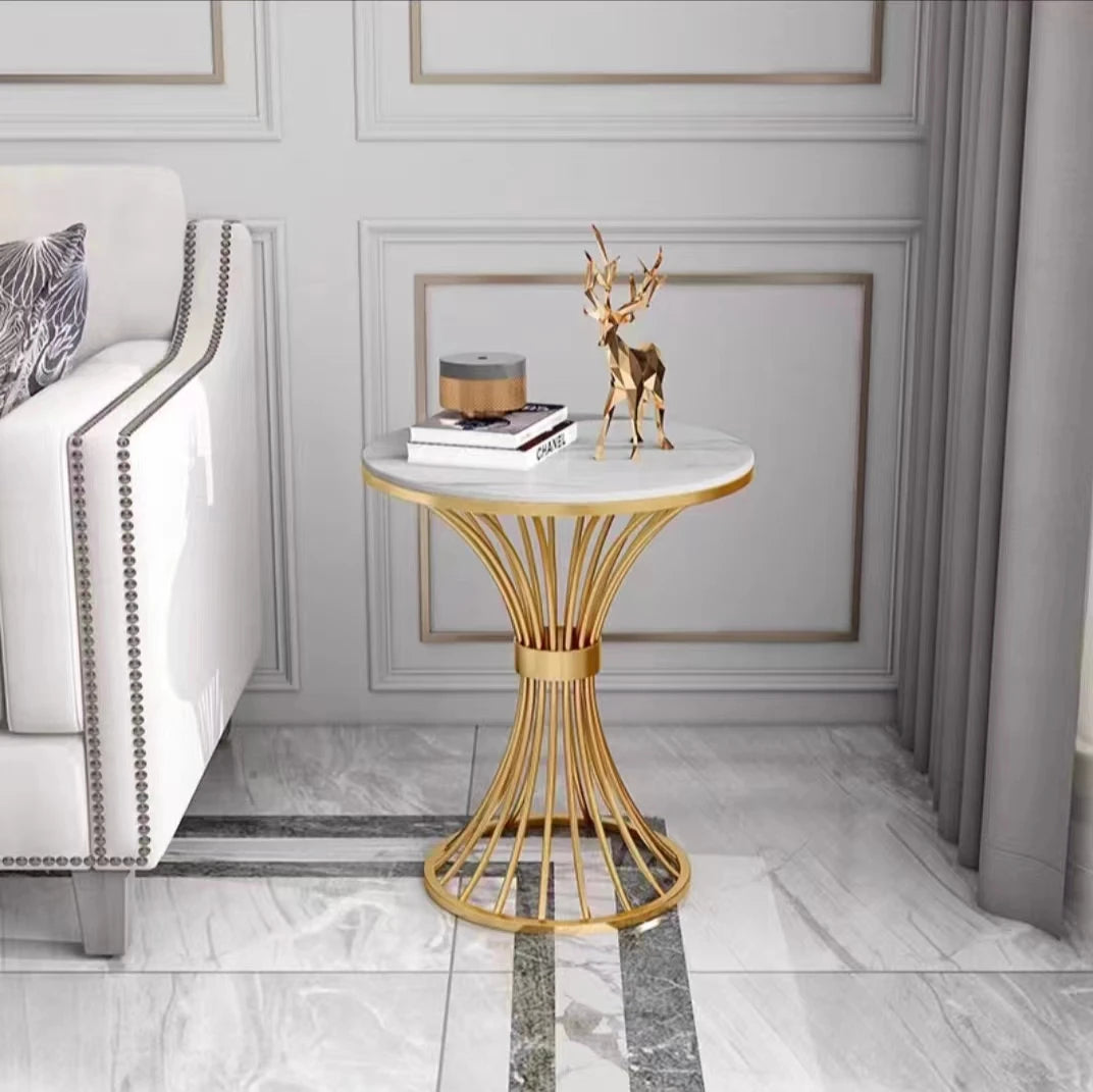 Modern Round Stone Coffee Table – Luxury Metal Frame Side Table