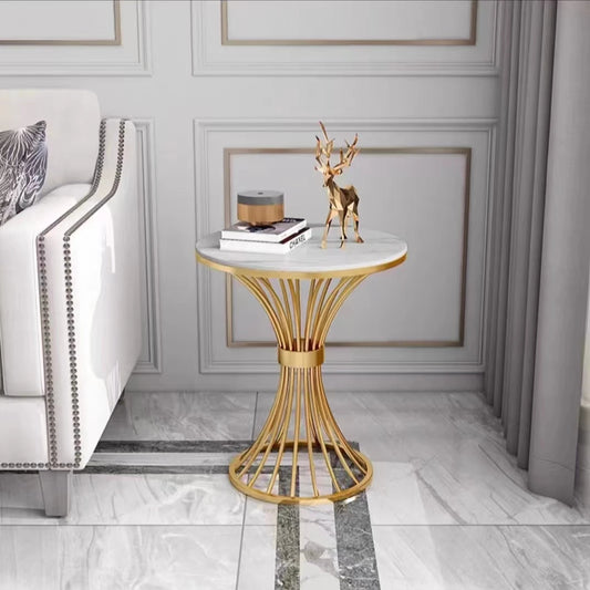 Modern Round Stone Coffee Table – Luxury Metal Frame Side Table