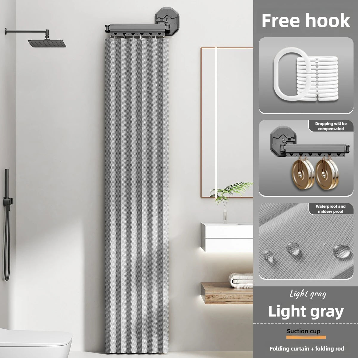 Folding Waterproof Shower Curtain – No-Drill Bathroom Divider