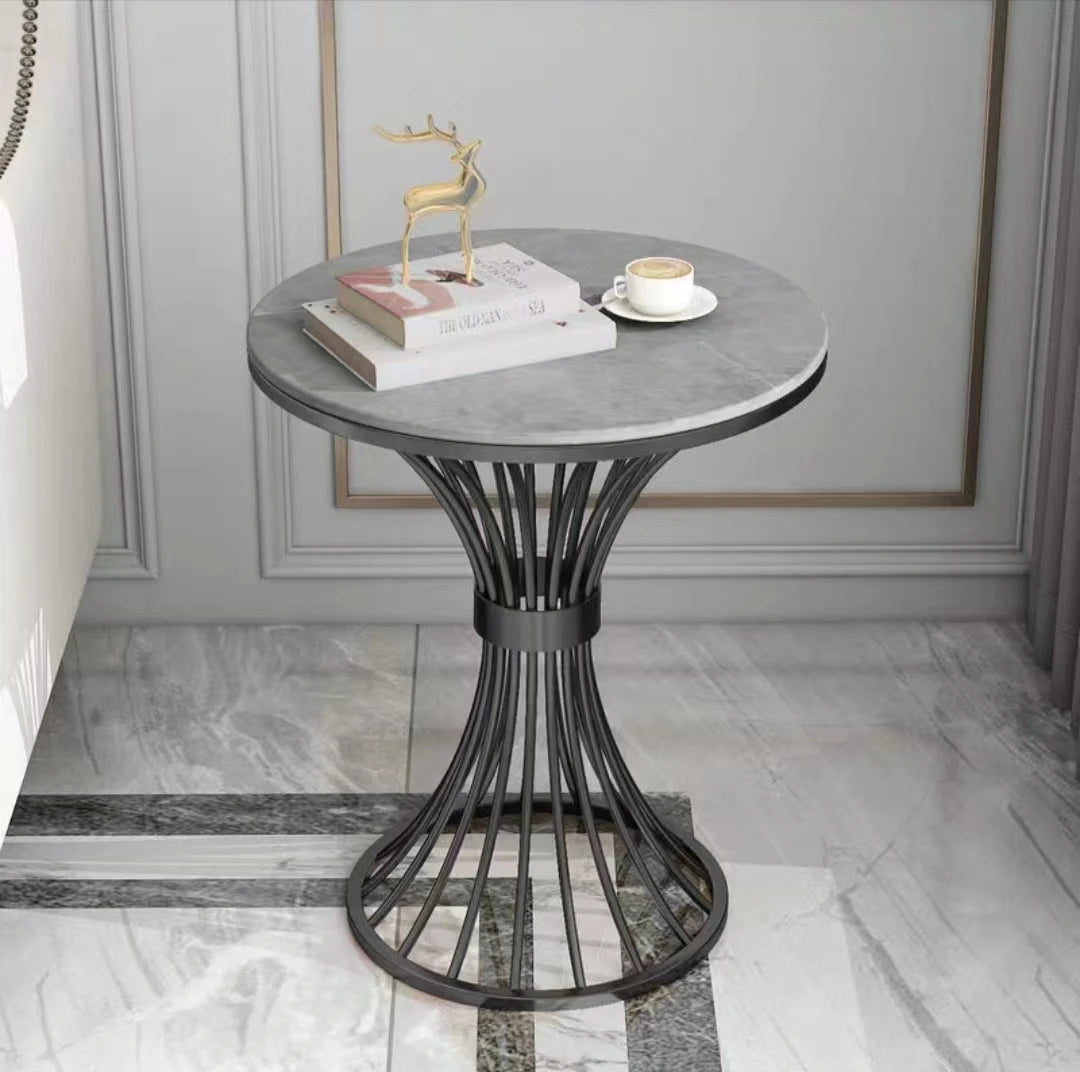 Modern Round Stone Coffee Table – Luxury Metal Frame Side Table