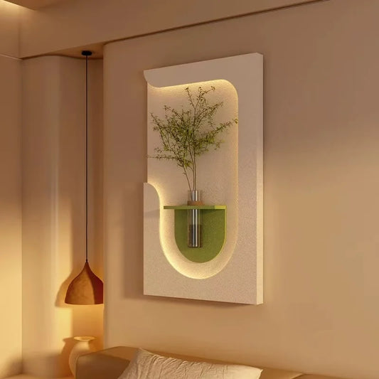 Modern Wall Lamp with Hanging Green Plants & Art