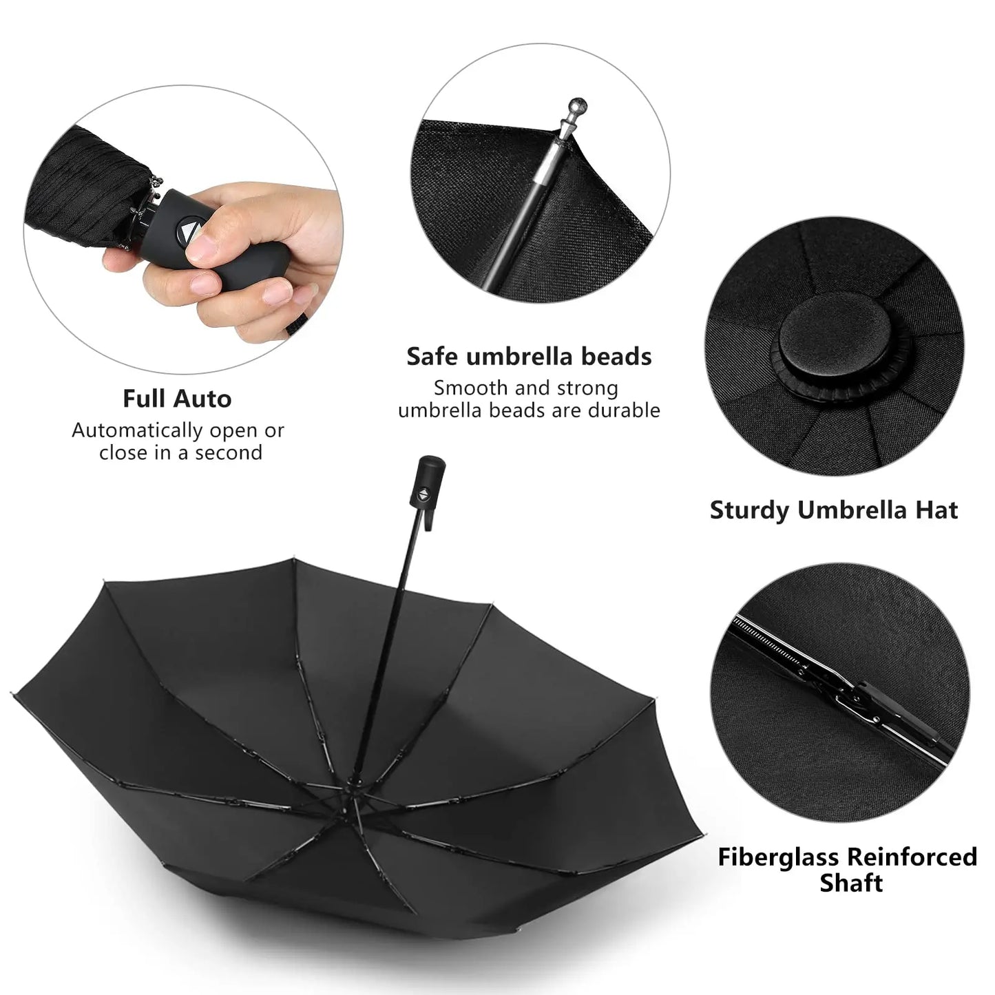 12-Bone Black Automatic Travel Umbrella – Compact & Windproof