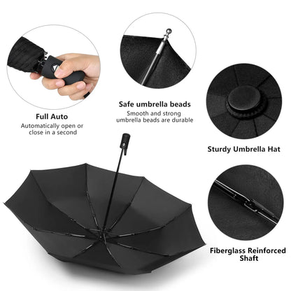 12-Bone Black Automatic Travel Umbrella – Compact & Windproof