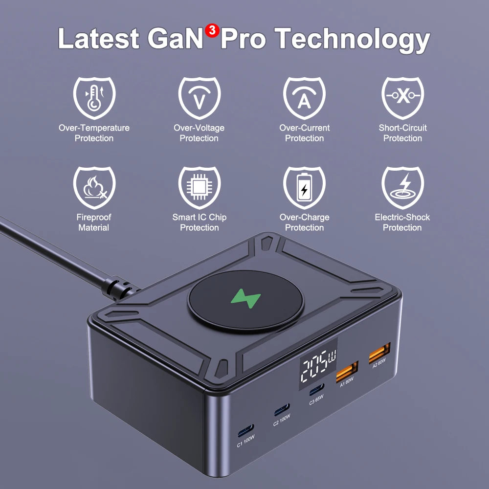 205W GaN Desktop Charger 5 Port USB-C PD Fast Charging Station