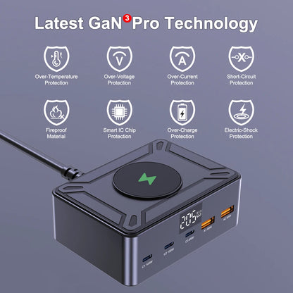 205W GaN Desktop Charger 5 Port USB-C PD Fast Charging Station