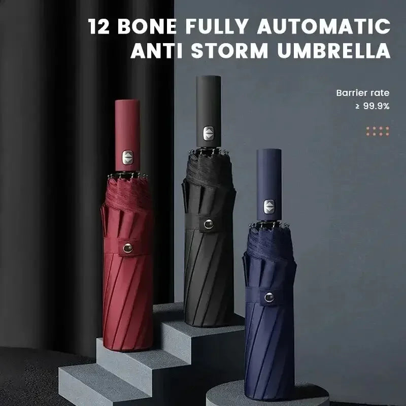 12-Bone Black Automatic Travel Umbrella – Compact & Windproof