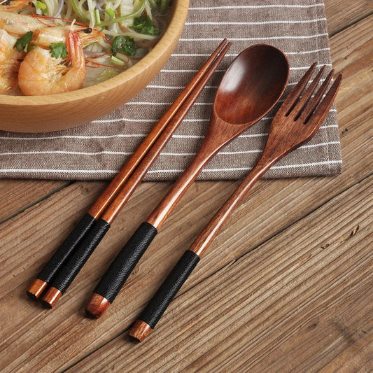 Natural Wooden Cutlery Set – Reusable Spoon, Fork & Chopsticks Dining Set