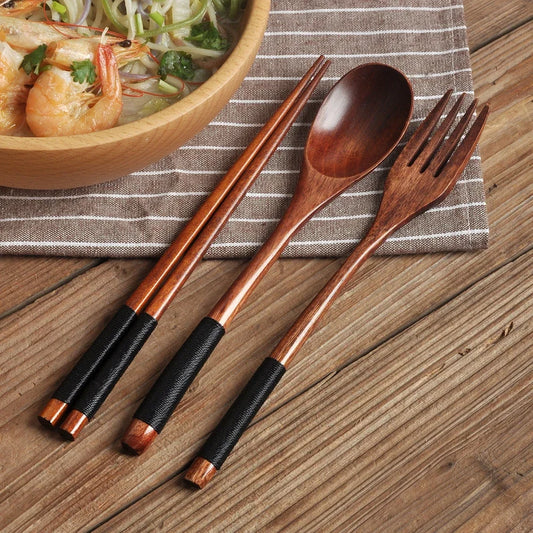 Natural Wooden Cutlery Set – Reusable Spoon, Fork & Chopsticks Dining Set