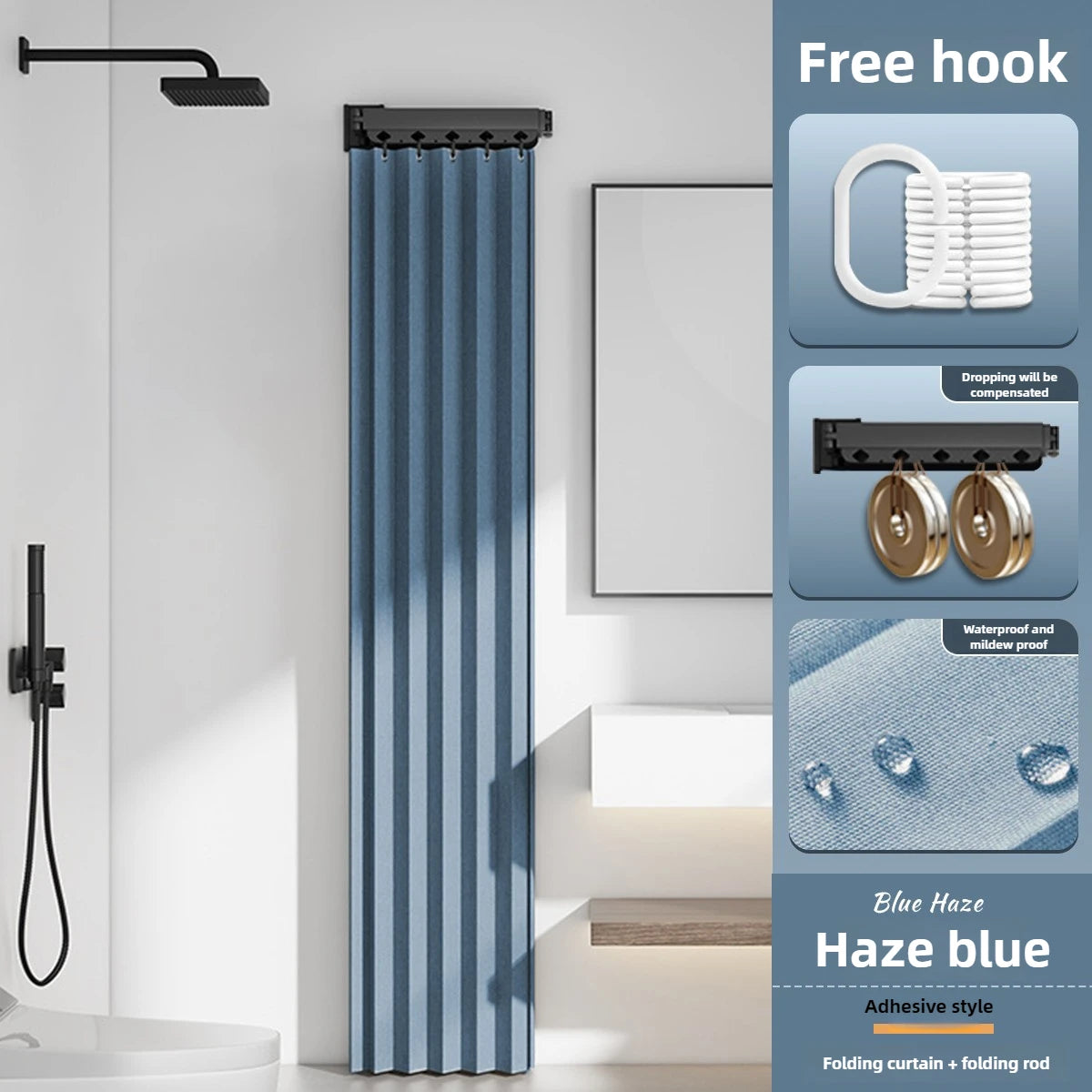 Folding Waterproof Shower Curtain – No-Drill Bathroom Divider