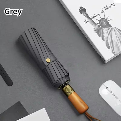 Automatic Folding Umbrella – Large, Wind & Sun Resistant, Wooden Handle