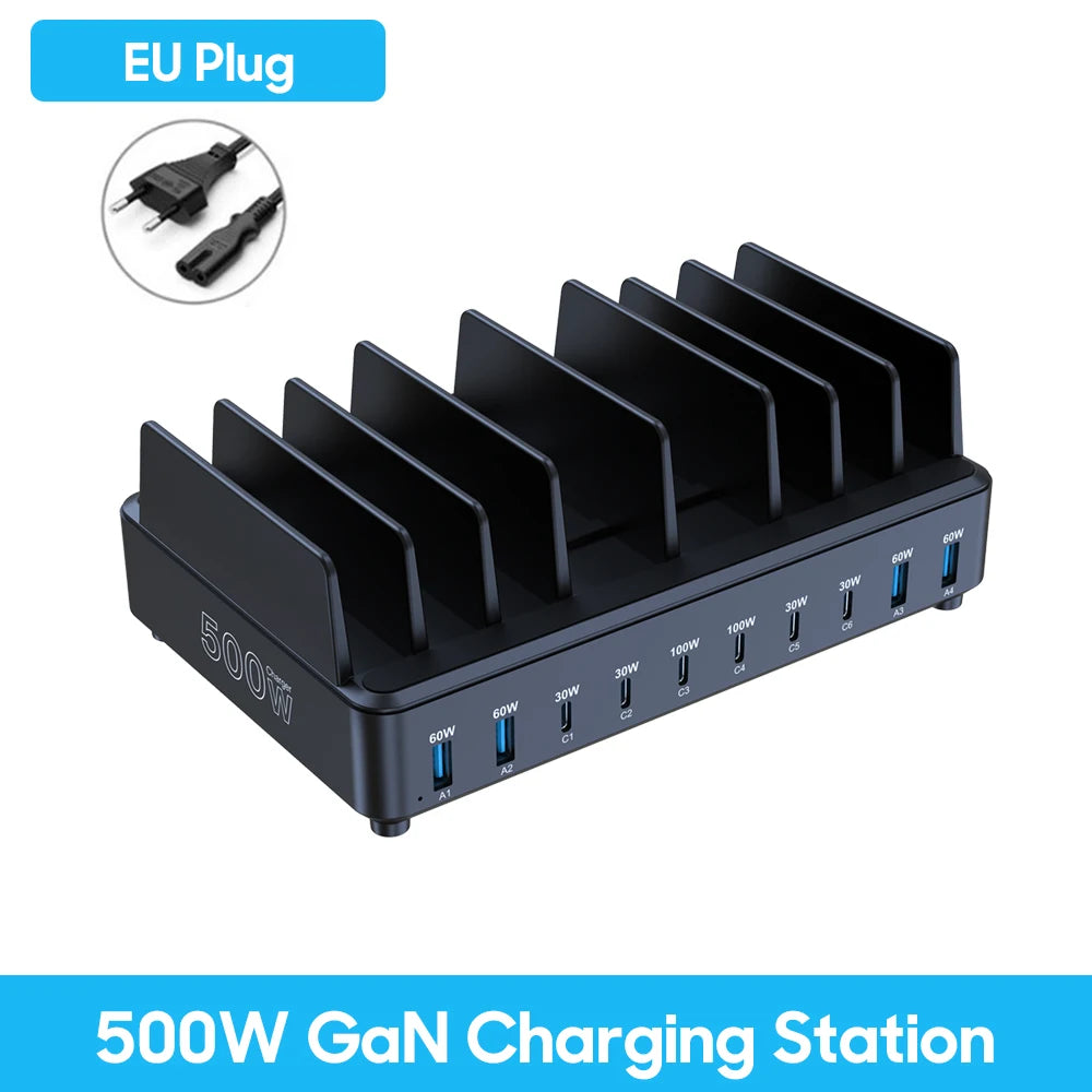 500W GaN 10-Port USB-C Fast Charging Station