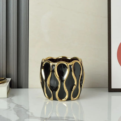 Modern Black & White Ceramic Vase with Gold Accent