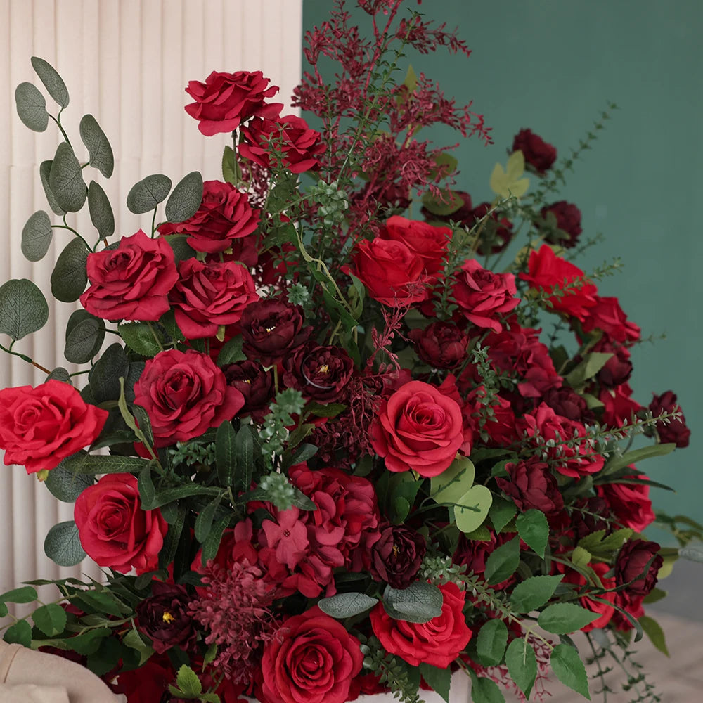 Dark Red Silk Rose Centerpiece – Elegant Event & Home Decor Arrangement