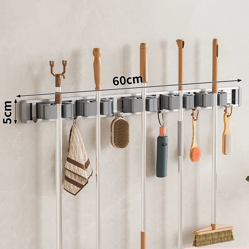 Wall Mounted Mop & Broom Organizer with Hooks – Heavy-Duty Aluminum Holder