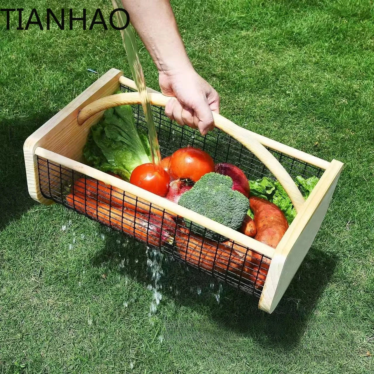 Modern Fruit & Vegetable Storage Basket with Wooden Handle