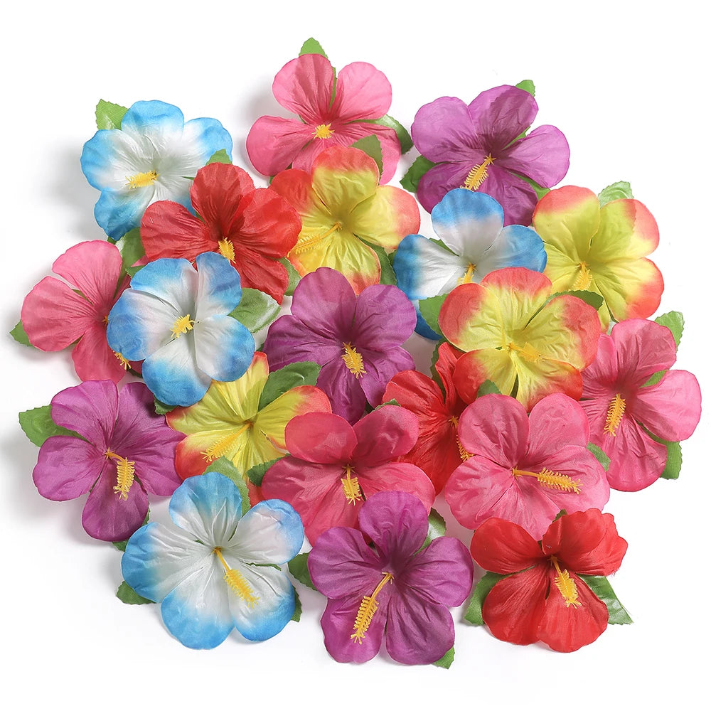 24PCS Tropical Hibiscus Silk Flowers – Colorful Hawaiian Party Table Décor