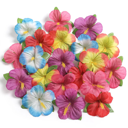 24PCS Tropical Hibiscus Silk Flowers – Colorful Hawaiian Party Table Décor