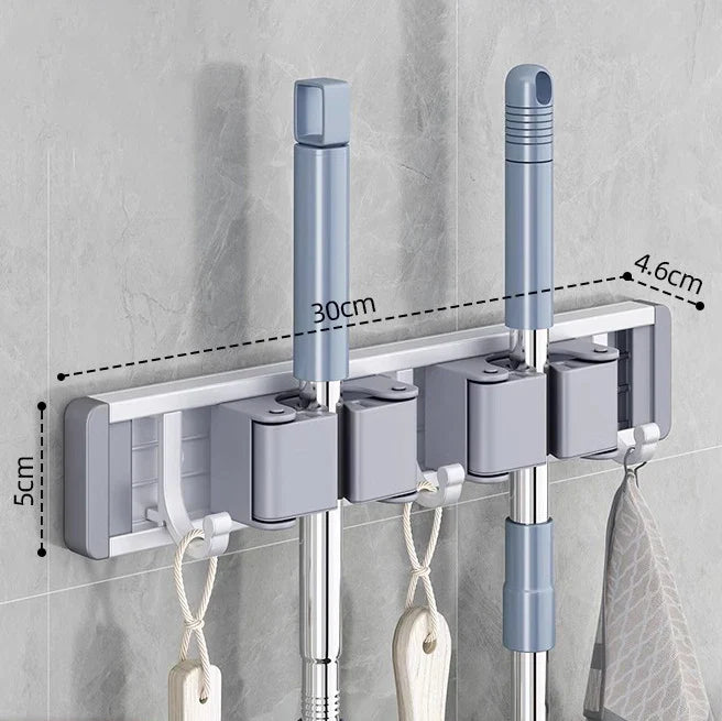 Wall Mounted Mop & Broom Organizer with Hooks – Heavy-Duty Aluminum Holder