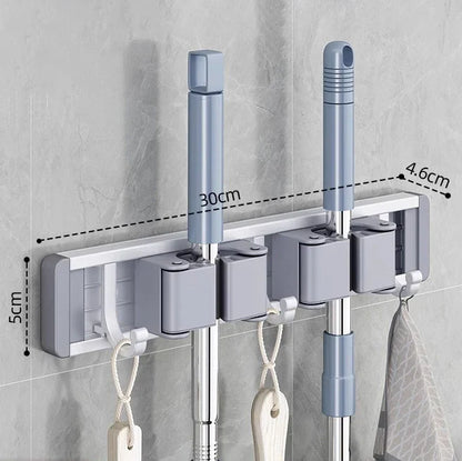 Wall Mounted Mop & Broom Organizer with Hooks – Heavy-Duty Aluminum Holder