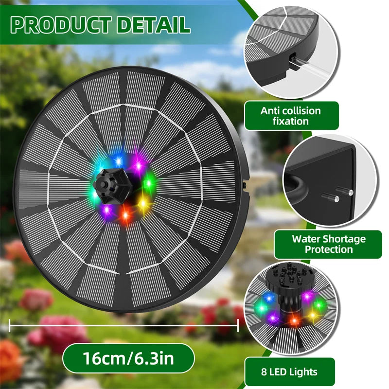 Solar Fountain Pump 3.5W LED Battery 8 Nozzle Bird Bath