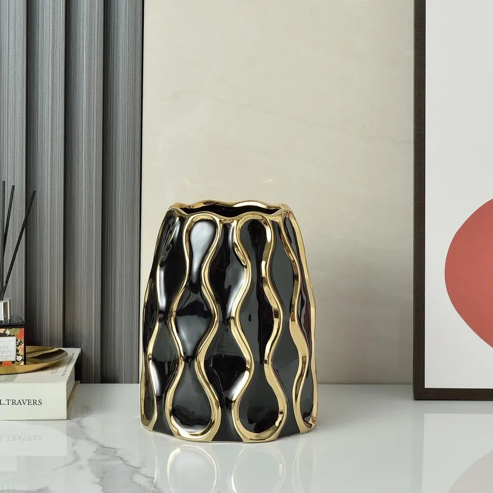 Modern Black & White Ceramic Vase with Gold Accent