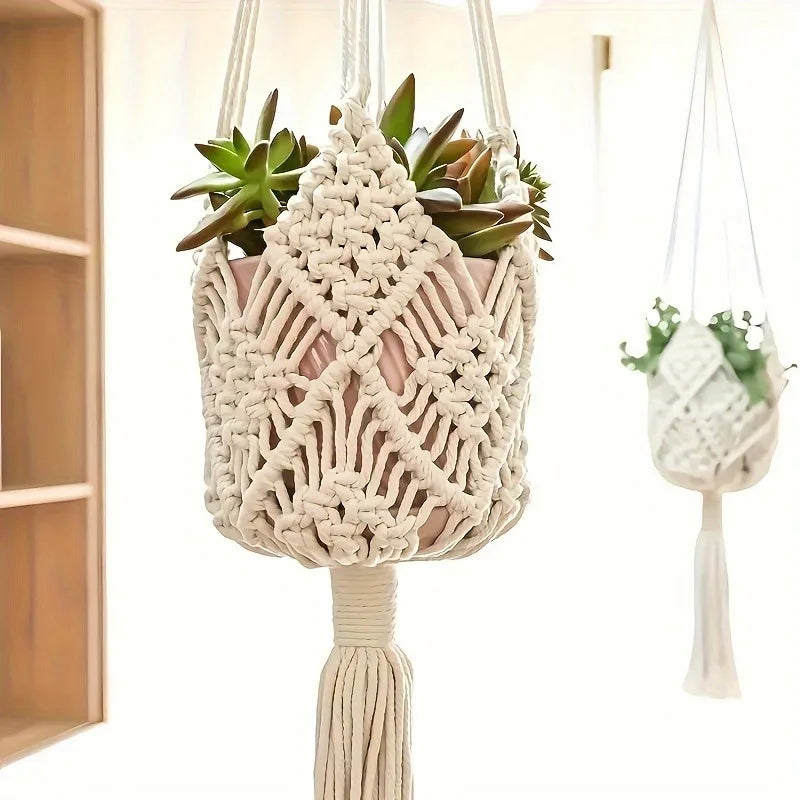 Boho Macrame Plant Hanger – Hanging Rope Basket for Plants