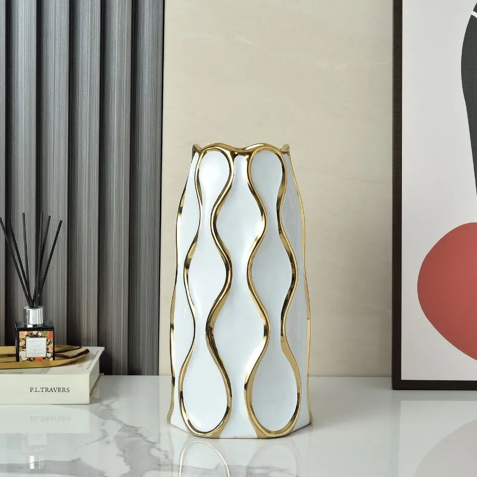 Modern Black & White Ceramic Vase with Gold Accent