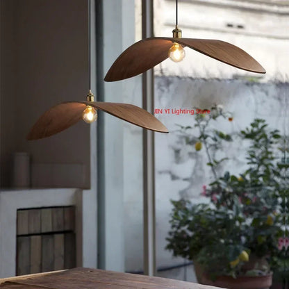 Walnut Wood Straw Hat Pendant Light – Warm LED Hanging Lamp