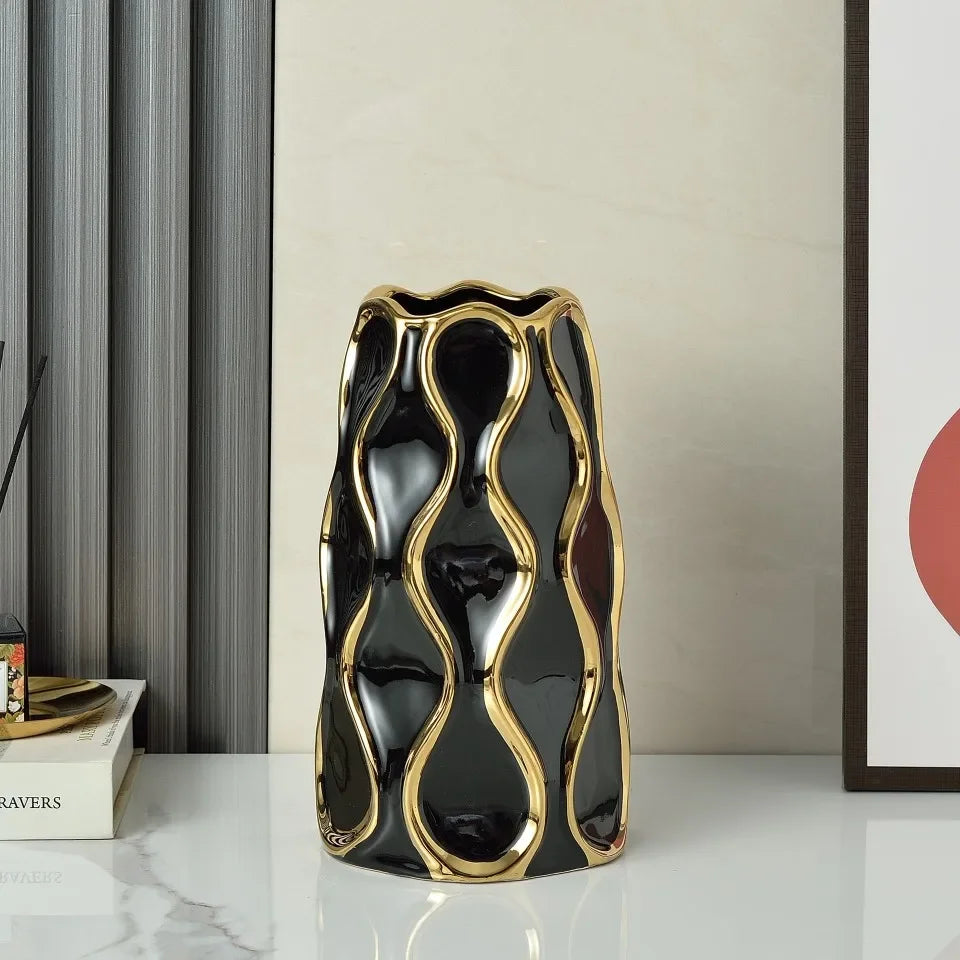 Modern Black & White Ceramic Vase with Gold Accent