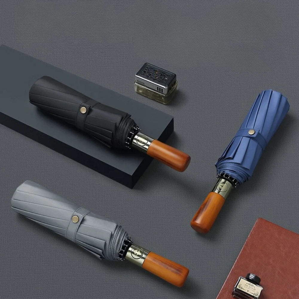 Automatic Folding Umbrella – Large, Wind & Sun Resistant, Wooden Handle