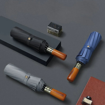 Automatic Folding Umbrella – Large, Wind & Sun Resistant, Wooden Handle