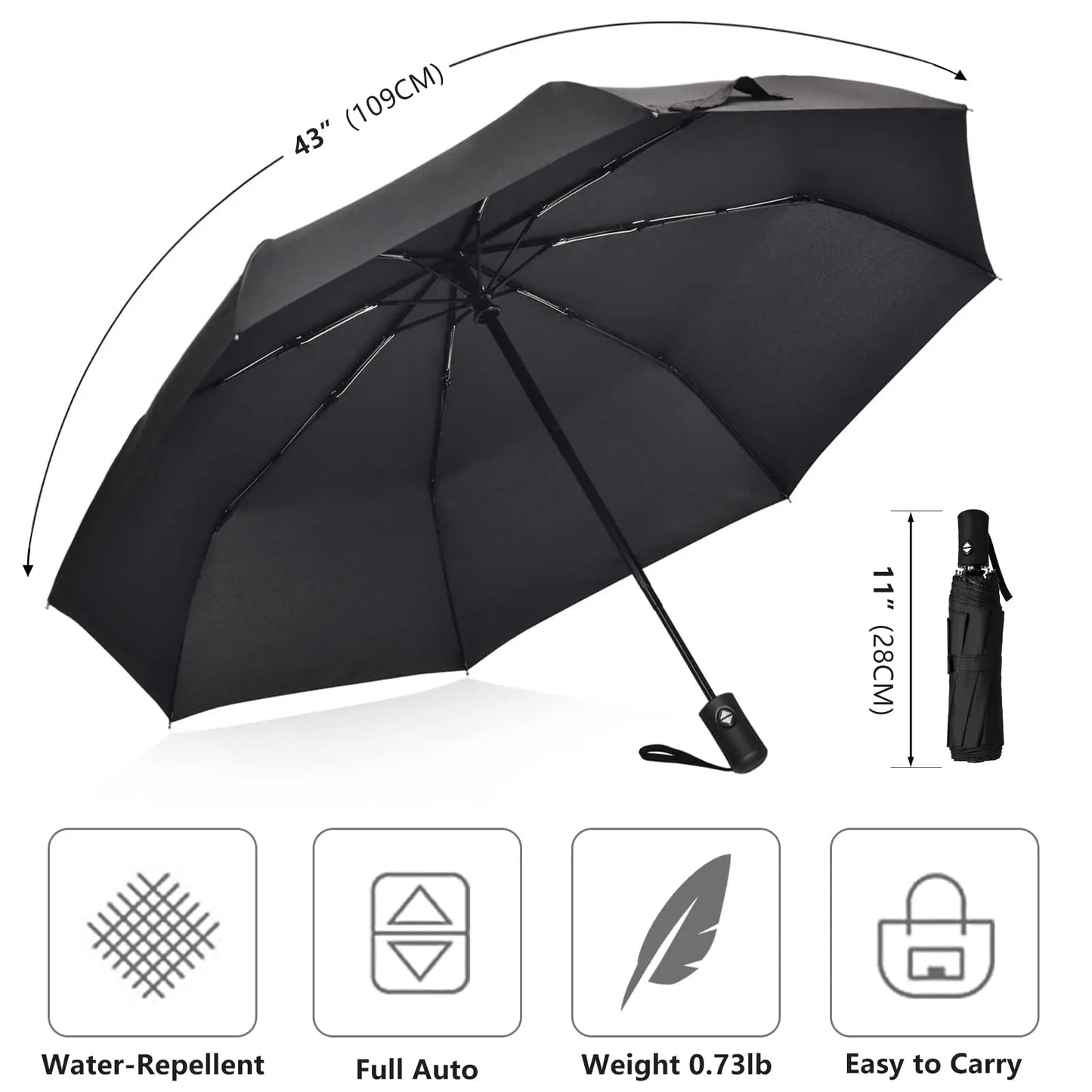 12-Bone Black Automatic Travel Umbrella – Compact & Windproof
